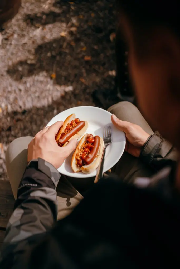 person holding plate with two hot dogs outdoors