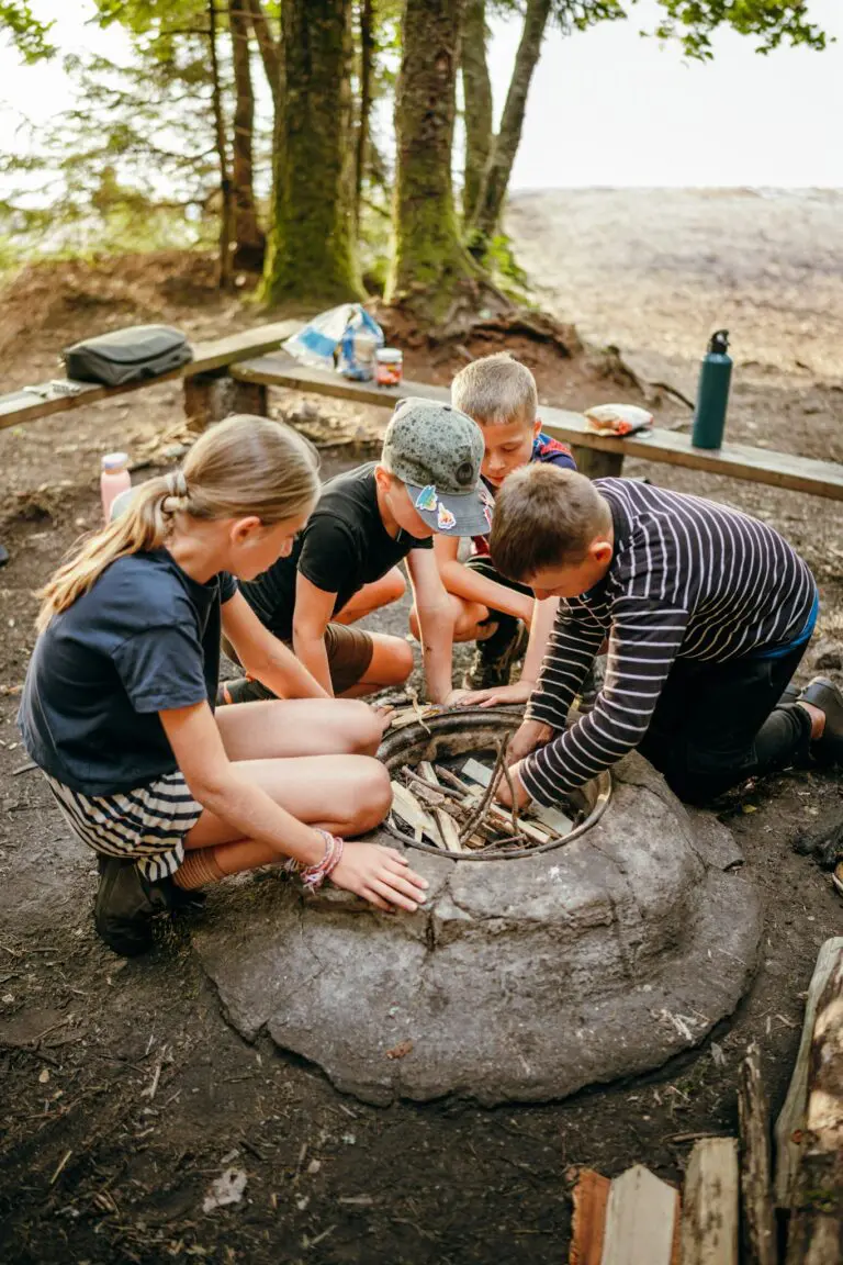 four children preparing a campfire in a forest