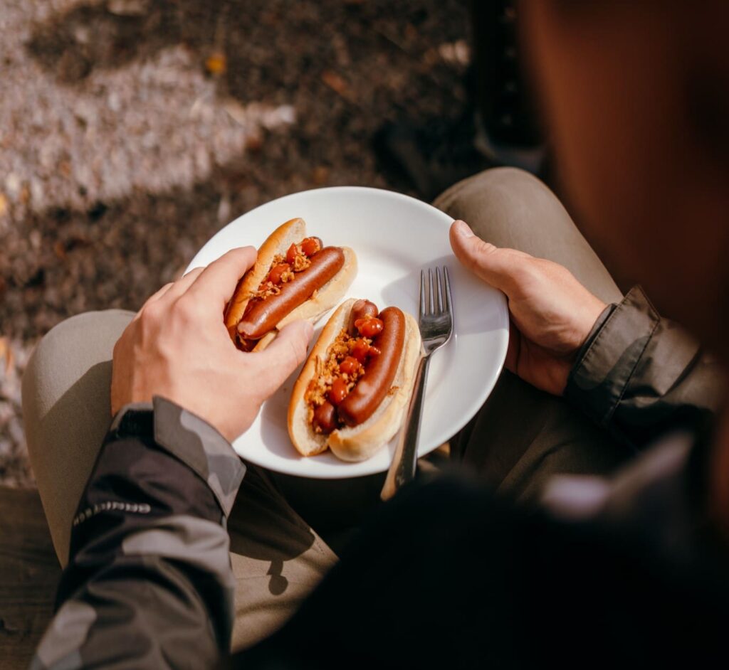 person holding plate with two hot dogs outdoors